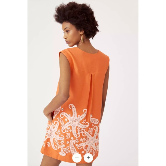 Maeve Anthropologie Orange Linen Blend Starfish Embroidered Shift Mini Dress 2 - Picture 2 of 6